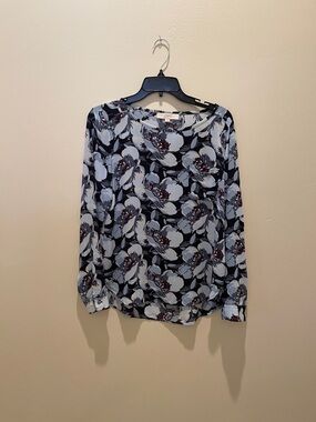 LOFT Navy and Light Blue Floral Long-Sleeve Blouse